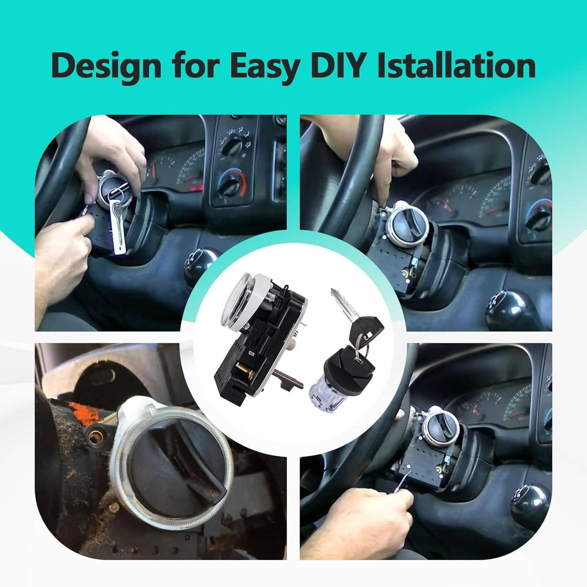Ignition switch lock cylinder assembly kit with keys, shown for DIY installation steps.