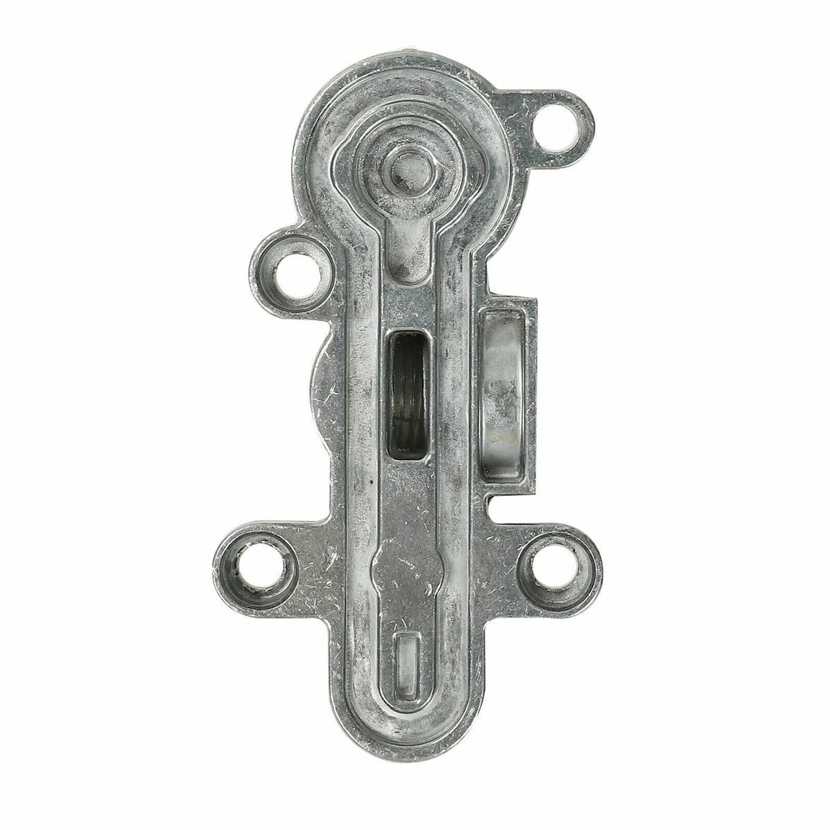 Fuel pressure regulator metal cover plate with mounting holes and long slot opening