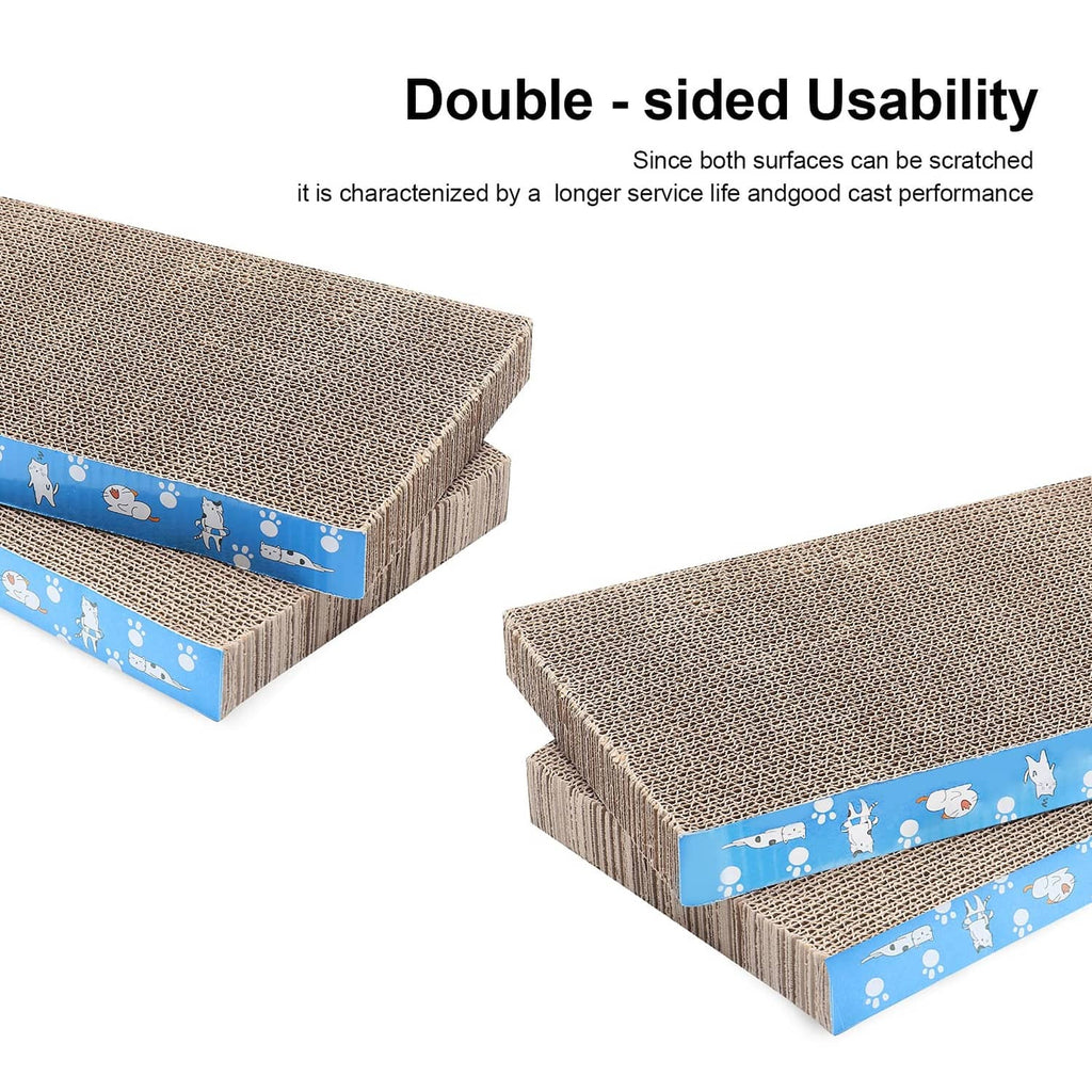 Stacked cat scratch pads with beige corrugated surfaces and blue pet-print border