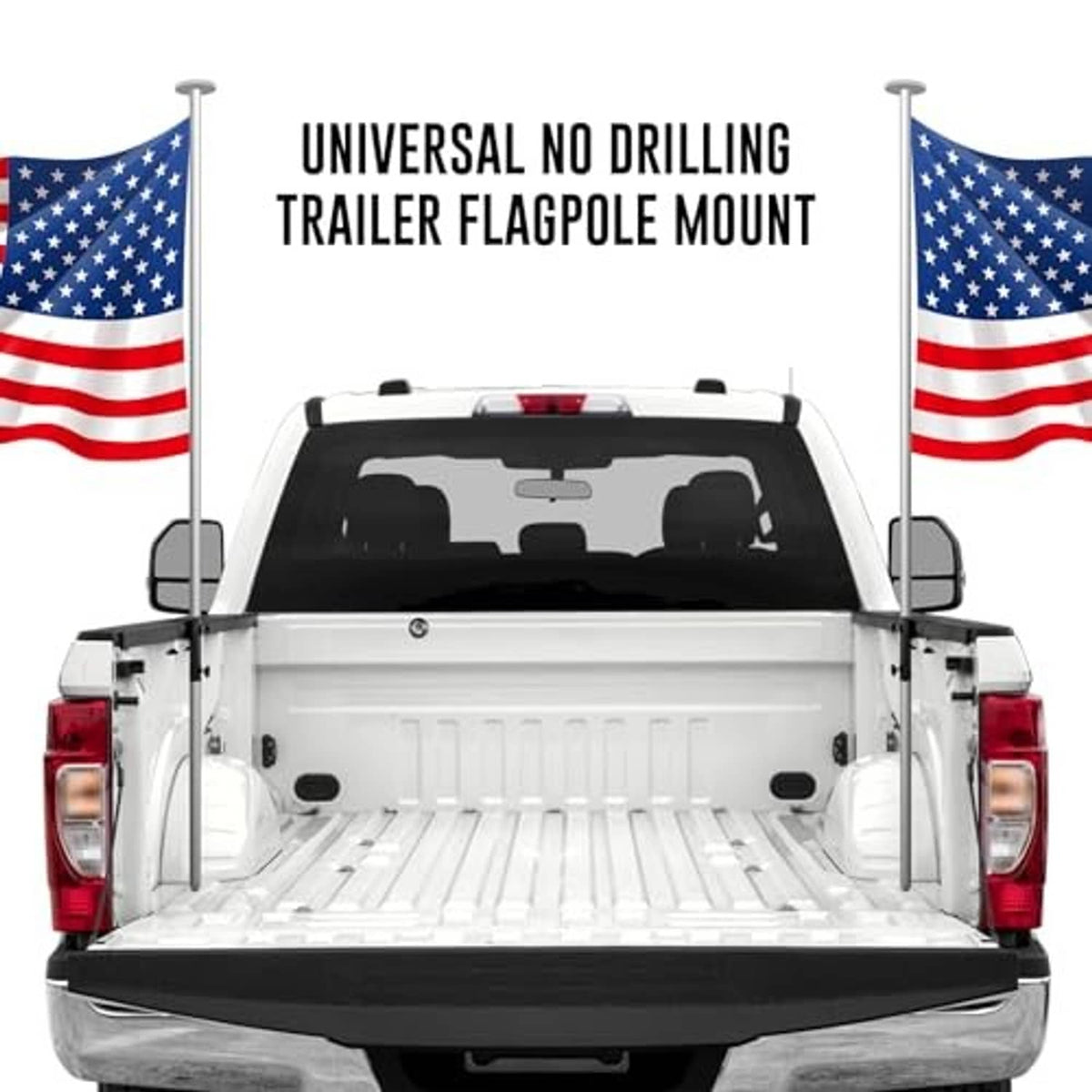 Flag pole mount kit installed on pickup truck bed with two side supports and pole