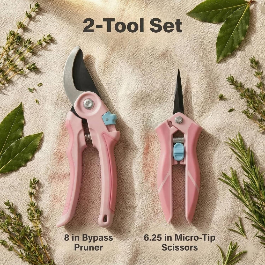 Pink 2-tool pruning set: 8 in bypass pruner and 6.25 in scissors