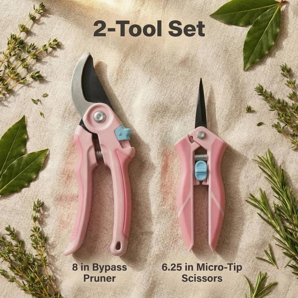 Pink 2-tool pruning set: 8 in bypass pruner and 6.25 in scissors