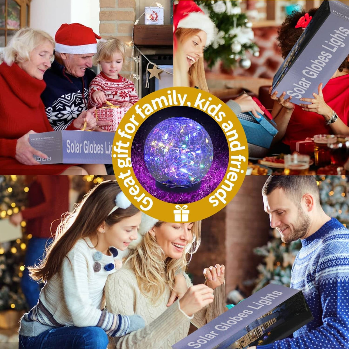 Outdoor solar globe light, glowing sphere in front of boxed set with family