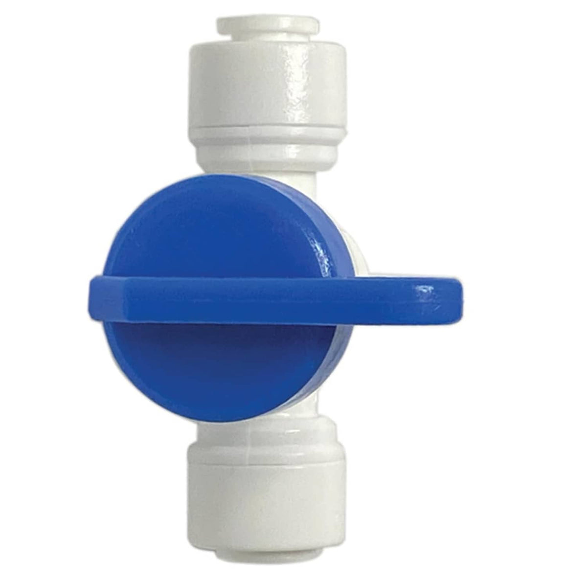 White push shut off valve with blue lever handle