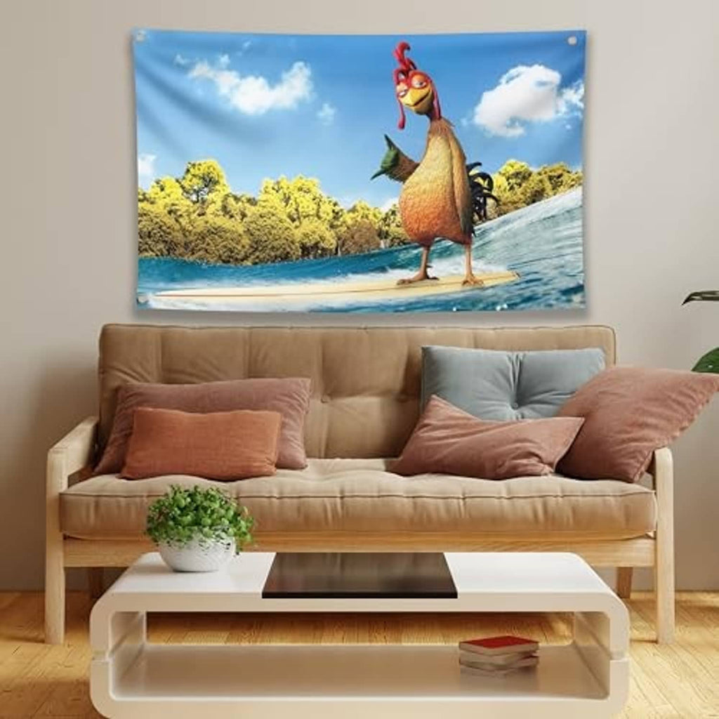 Cartoon chicken meme banner poster showing a beach ocean scene and bright character