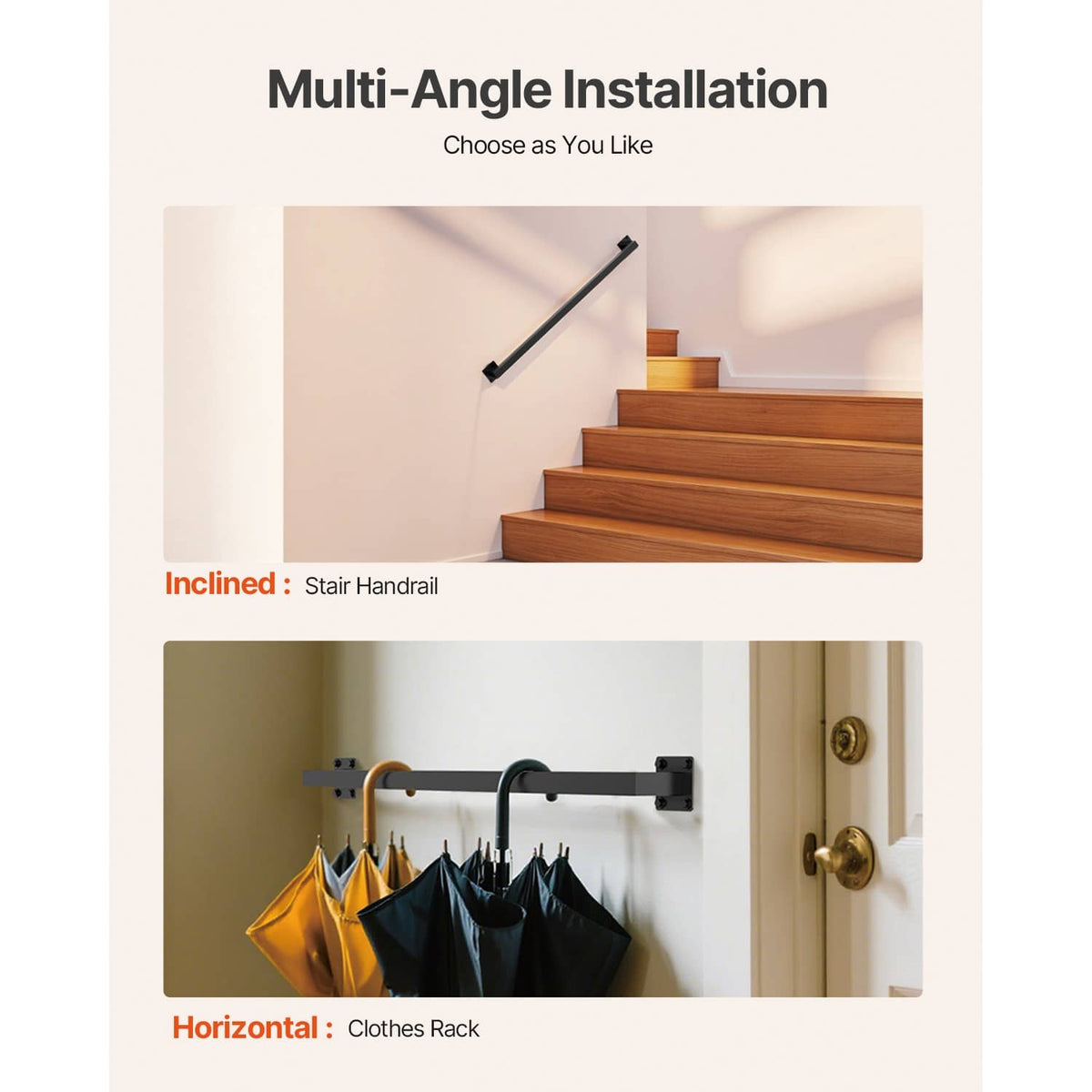 Black stair handrail with square tube and wall bracket for angled or horizontal mounting