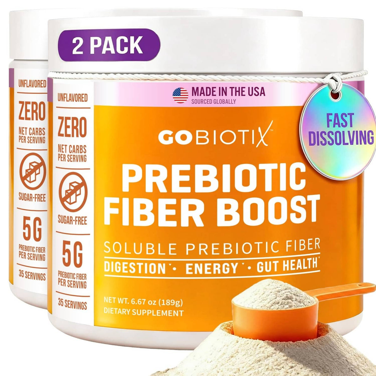 Prebiotic fiber boost 2-pack container set with orange scoop of white powder