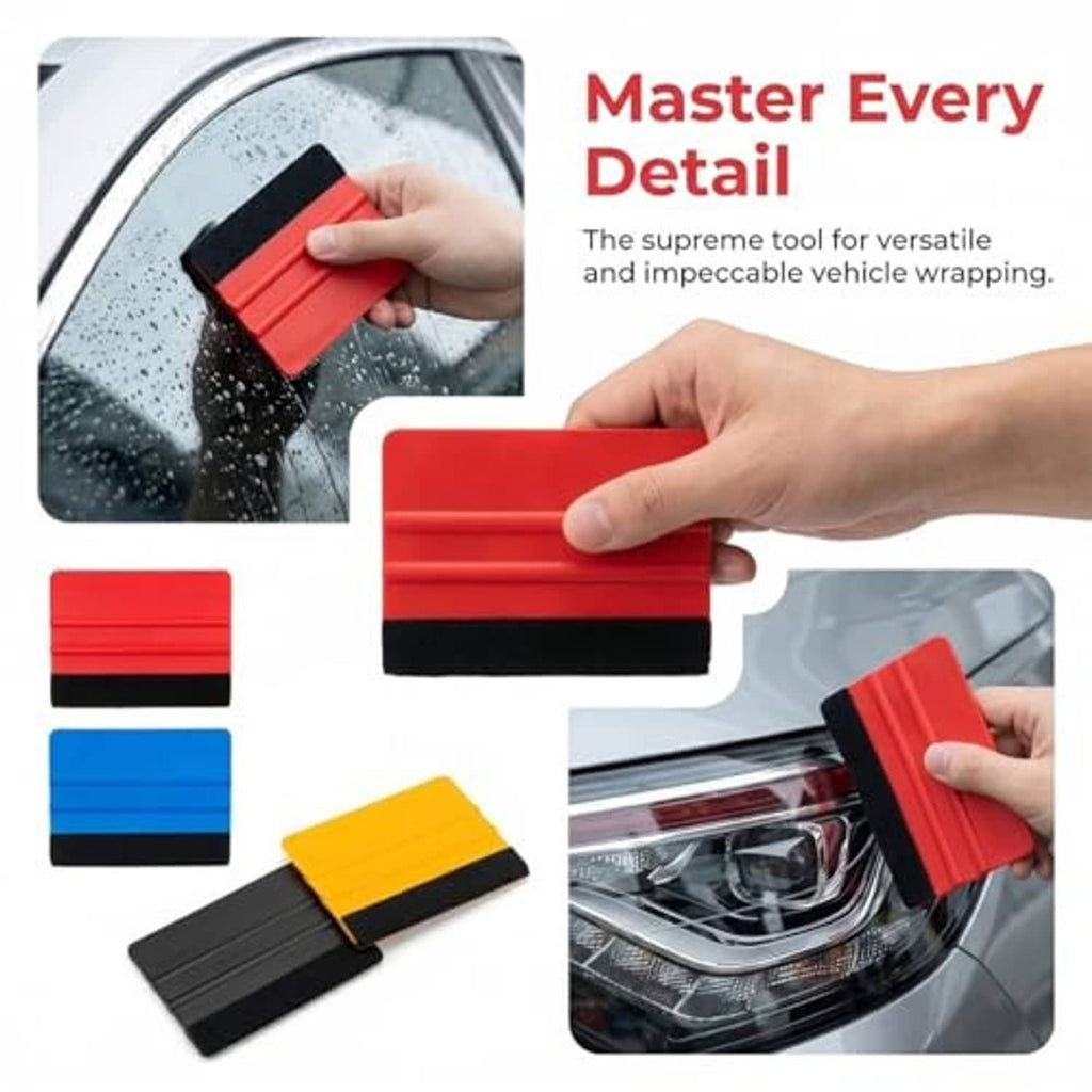 Plastic felt-edge squeegee tools in red and other colors, with textured black edge
