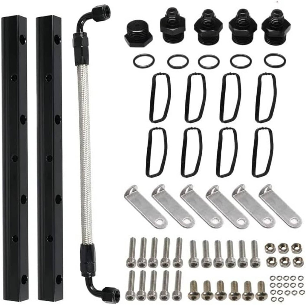 Black fuel rail kit with two rails, braided crossover hose, and assorted mounting hardware