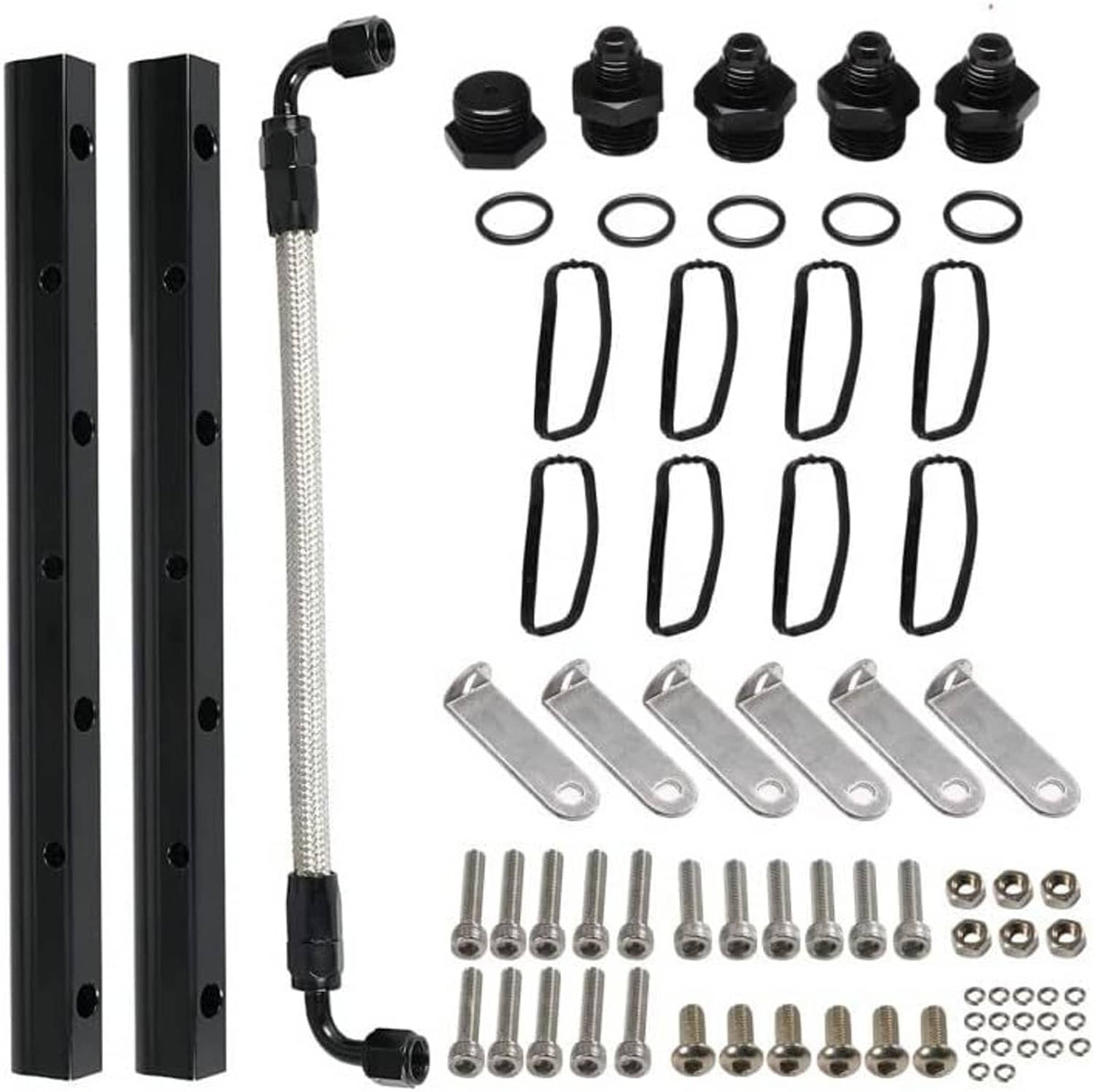 Black fuel rail kit with two rails, braided crossover hose, and assorted mounting hardware
