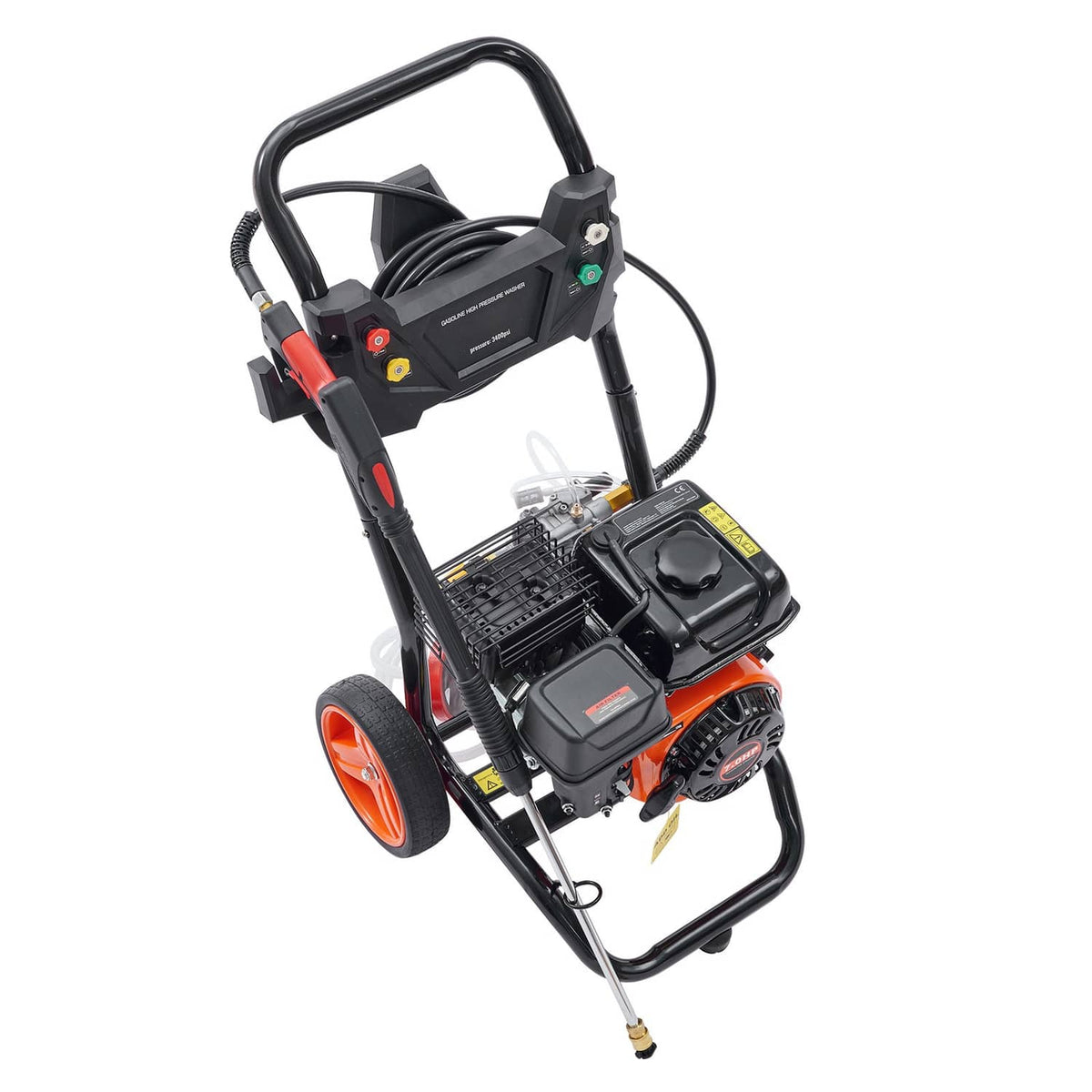 Gas pressure washer rear three-quarter view with black frame, orange engine, and orange wheels
