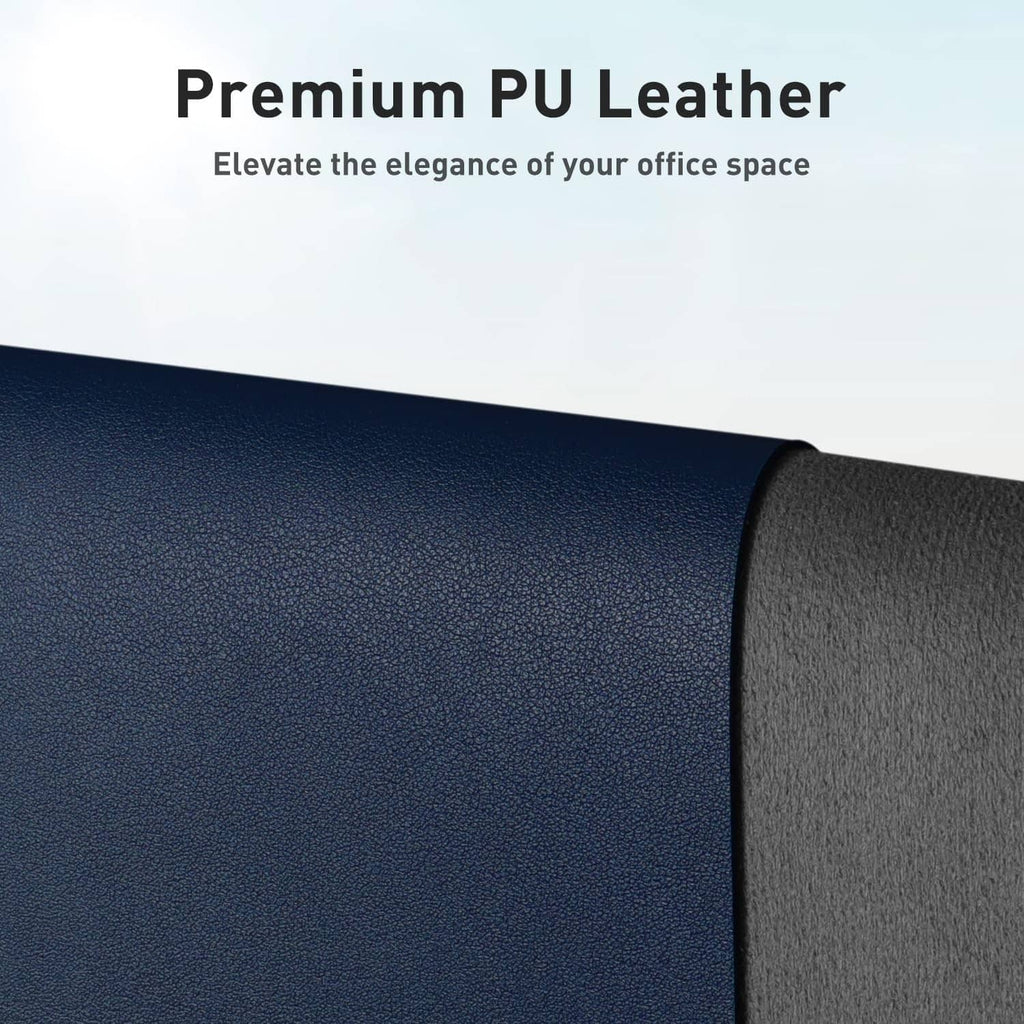 Dark blue PU leather desk pad protector, close-up textured surface and rolled edge