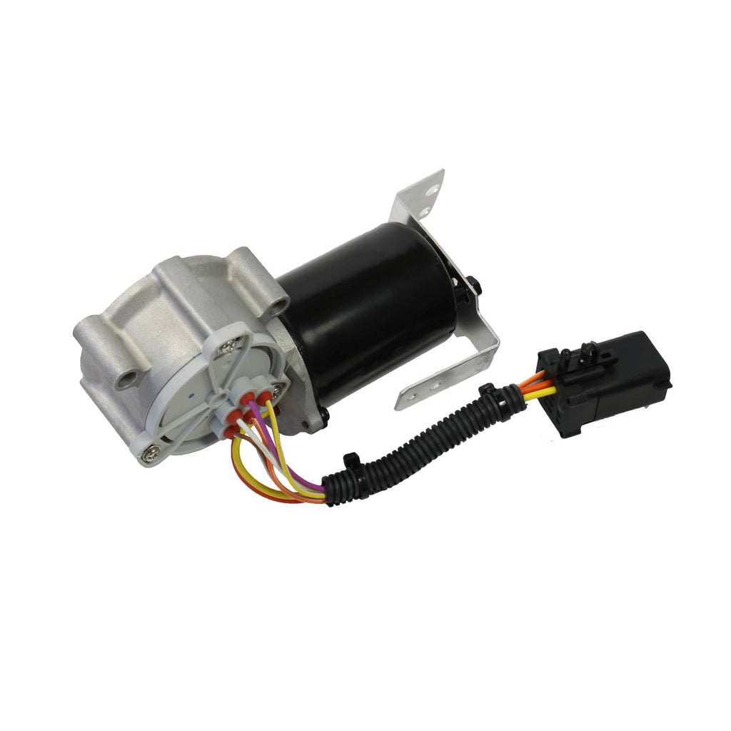Transfer case shift motor with silver gearbox housing, black cylinder, and wiring loom