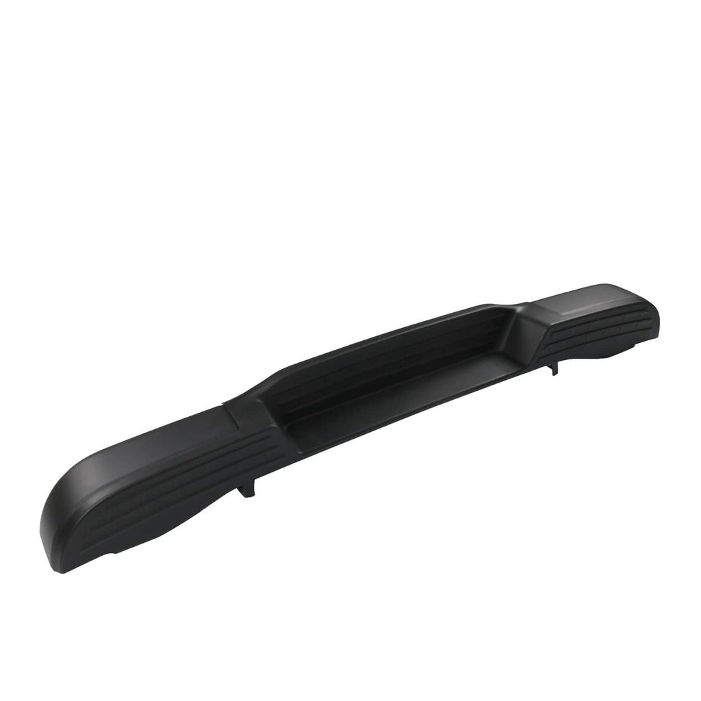 Black rear step bumper assembly with ribbed center sections and curved end corners