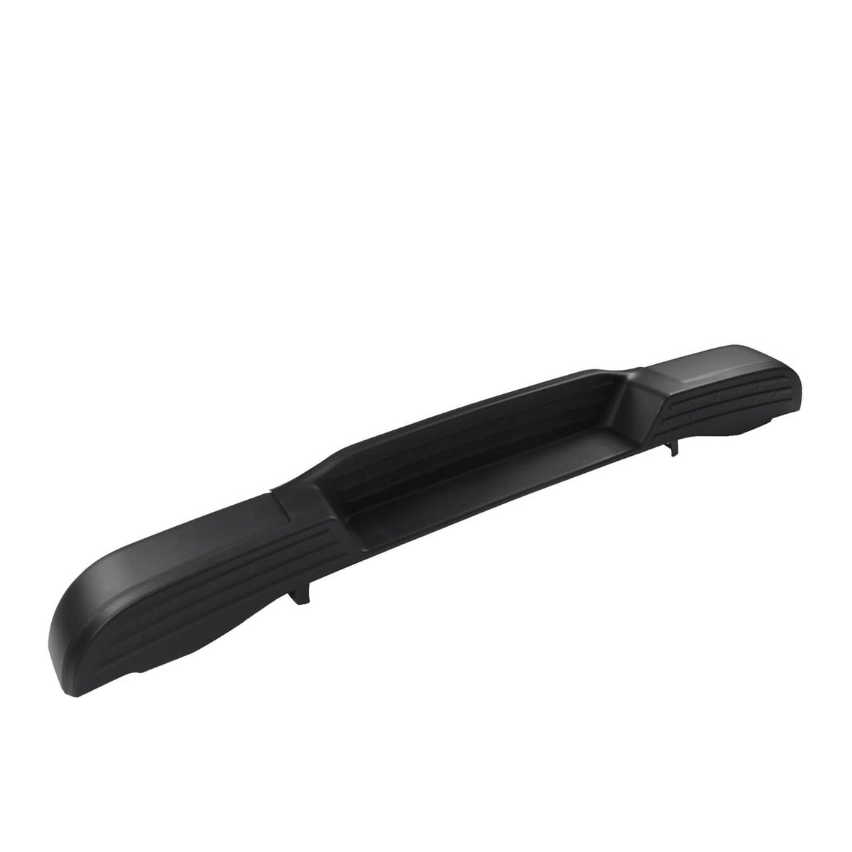 Black rear step bumper assembly with ribbed center sections and curved end corners