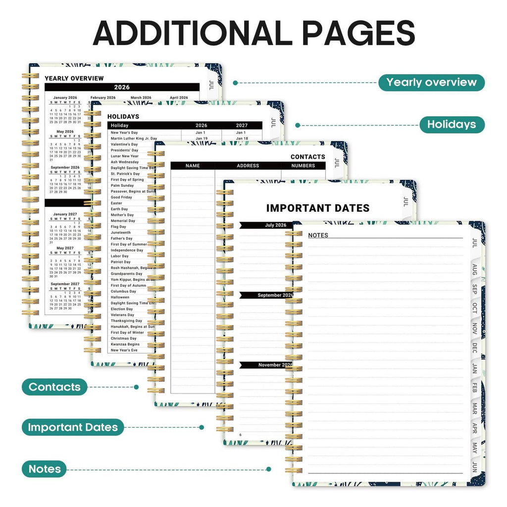 Planner additional pages layout with yearly overview, contacts, important dates, and notes