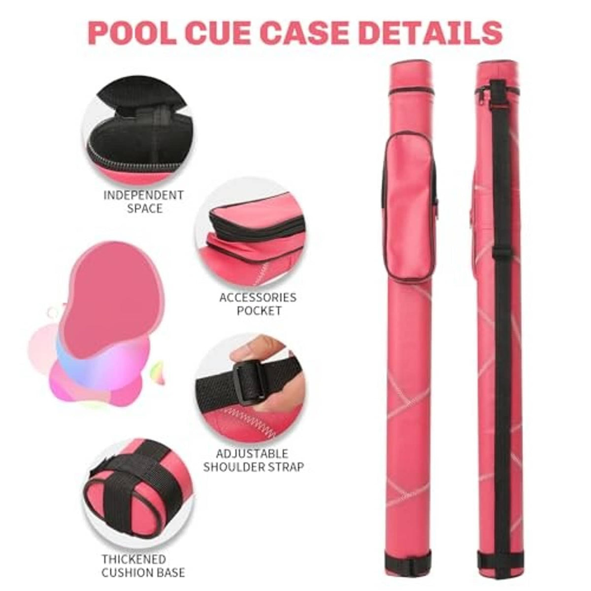 Red pool cue case with black trim, protective end cap, and interior pocket detail.