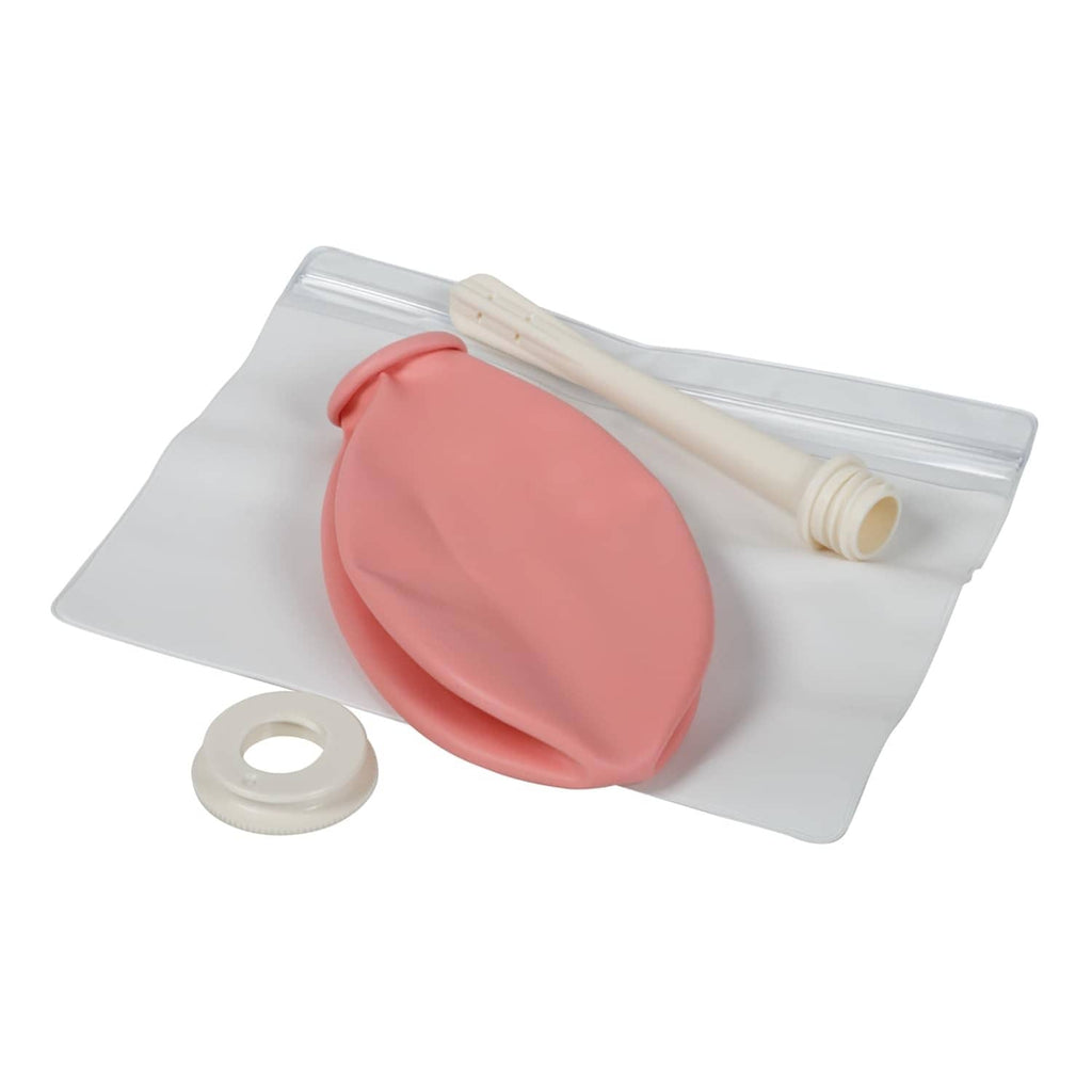 Reusable douche kit with pink latex bag, white ring seal, and clear carry pouch