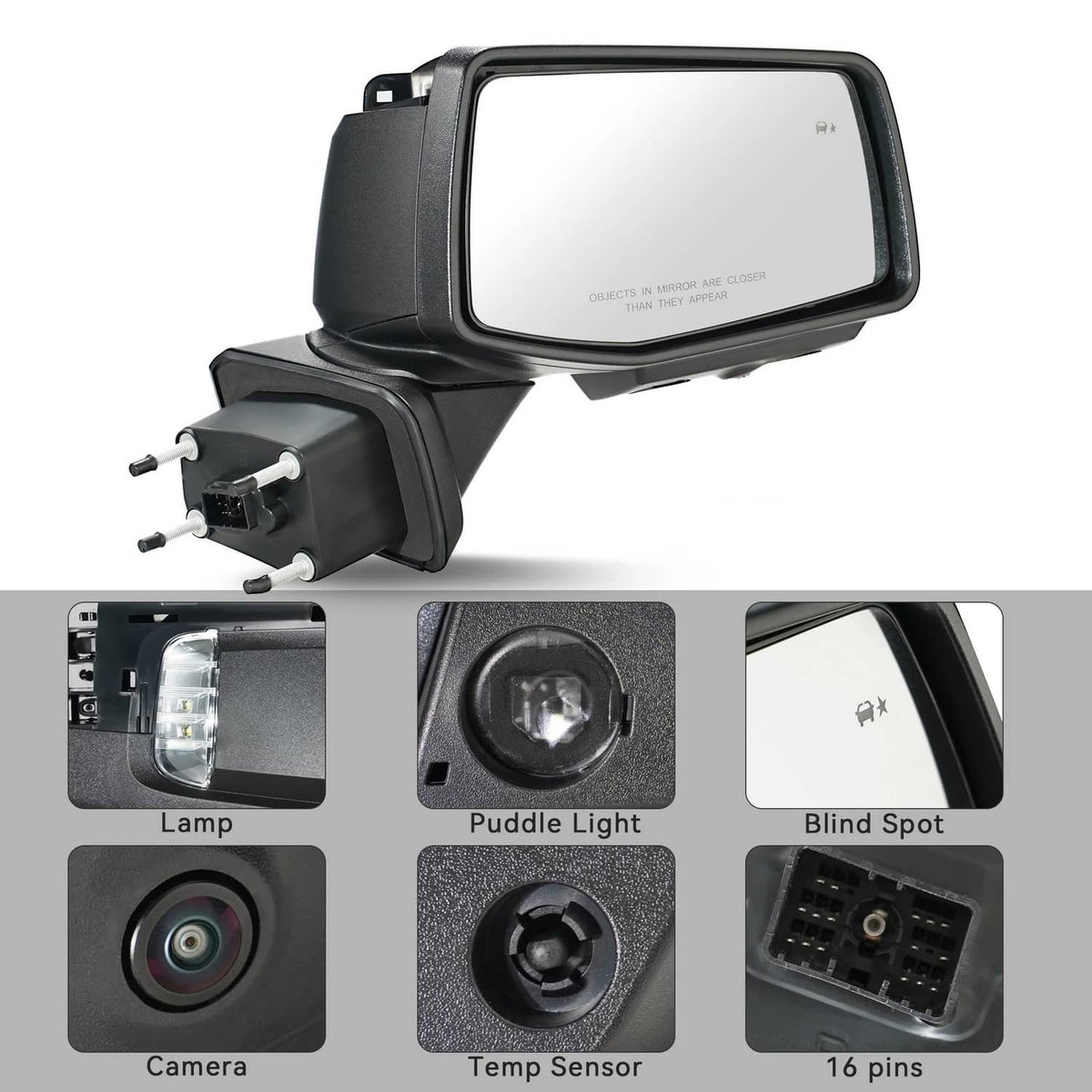 Heated passenger-side mirror with camera, 16-pin connector, features dashboard-like indicator icons