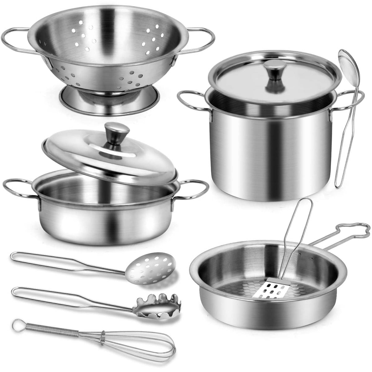 Kids pots and pans set, silver metal cookware with lids, colander, and serving utensils.