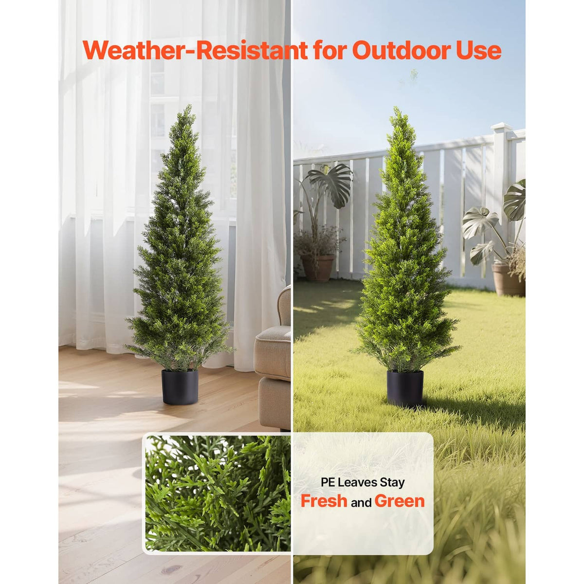 Two artificial cedar-style topiary trees in black planters, green foliage for outdoor use