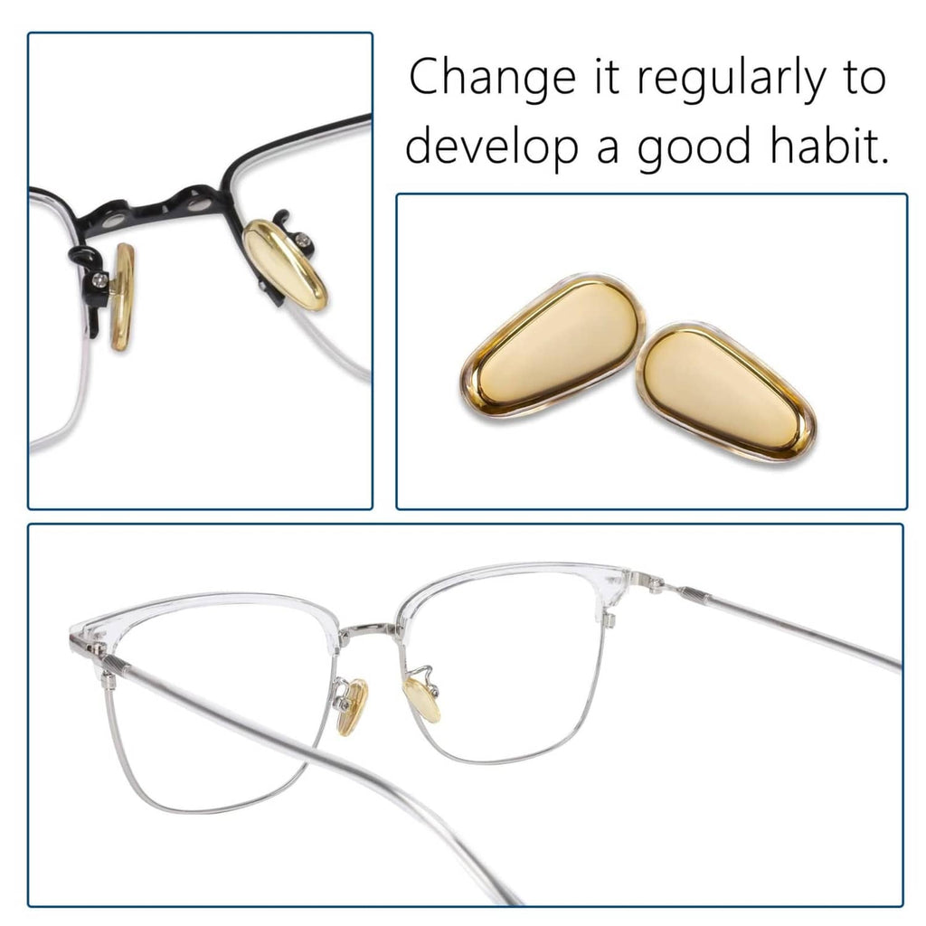 Gold screw-in silicone nose pads for eyeglasses, shown with matching screws