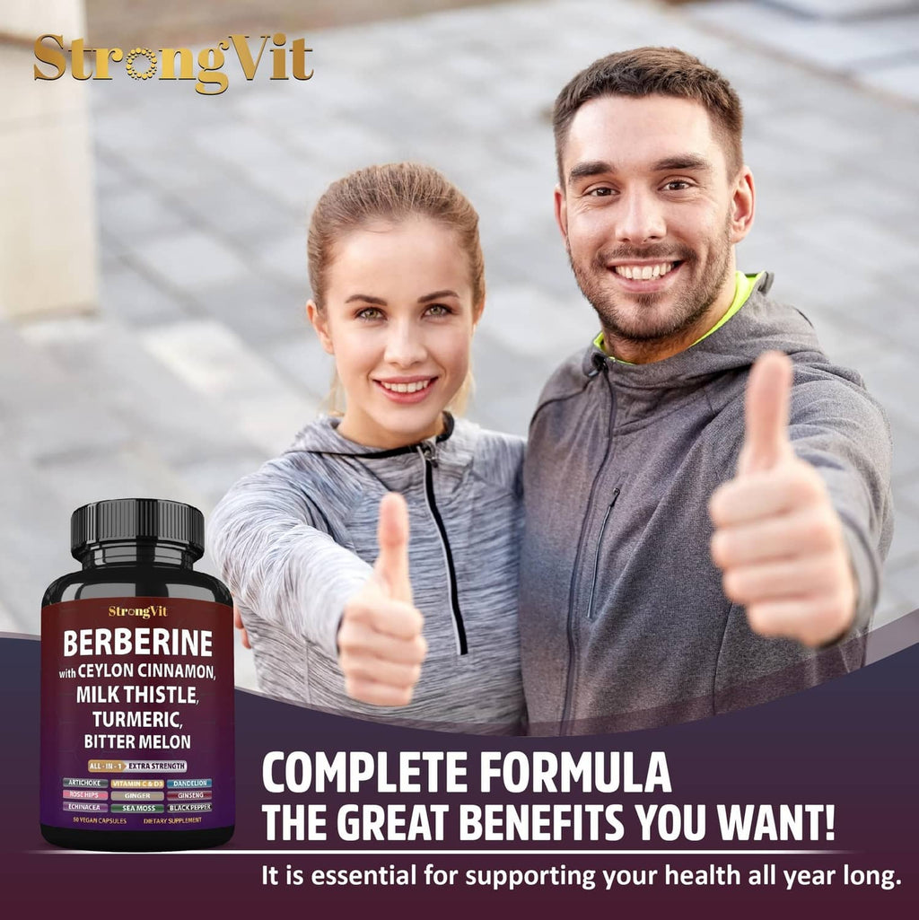StrongVit berberine supplement bottle with smiling couple giving thumbs-up