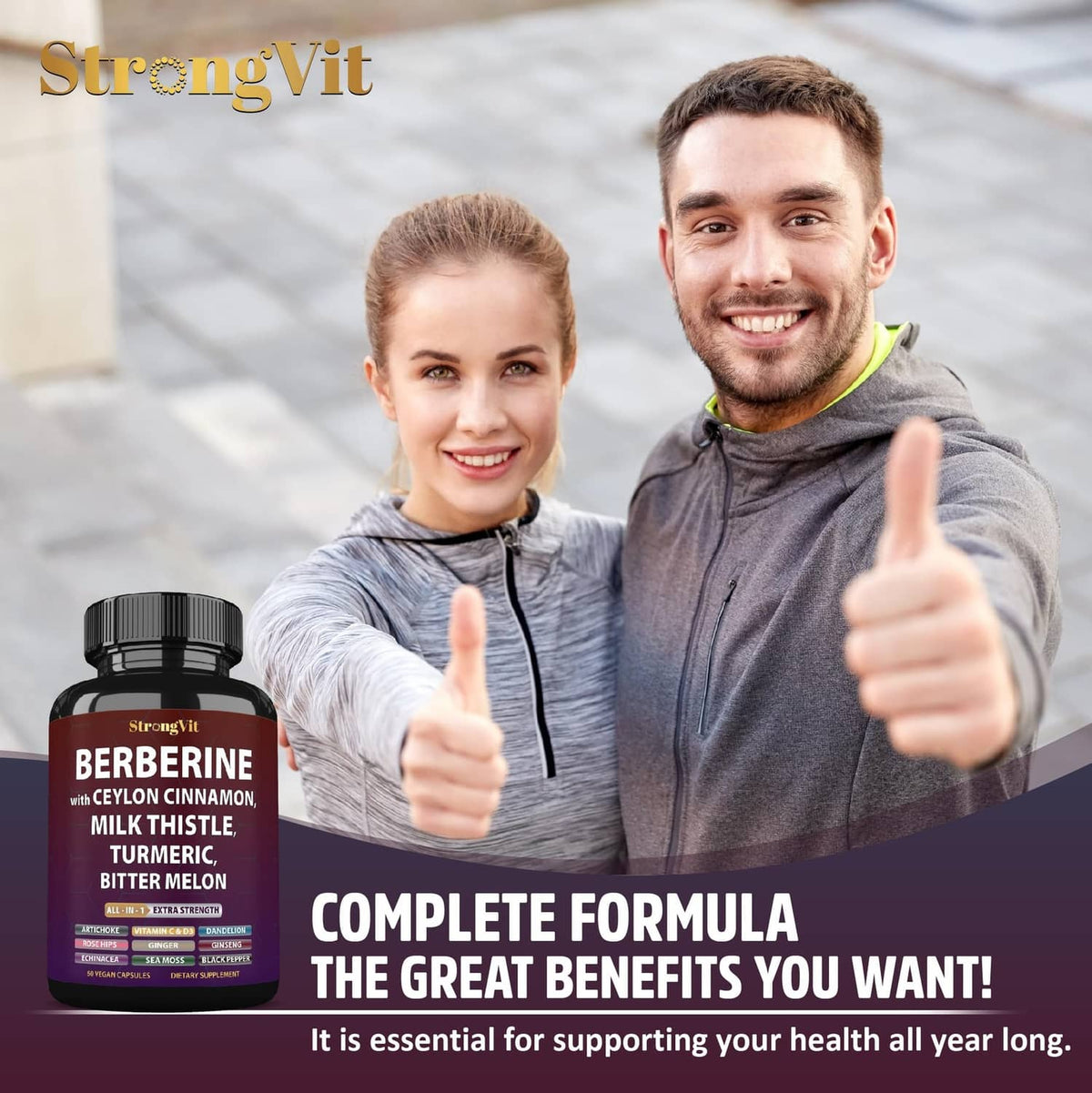 StrongVit berberine supplement bottle with smiling couple giving thumbs-up