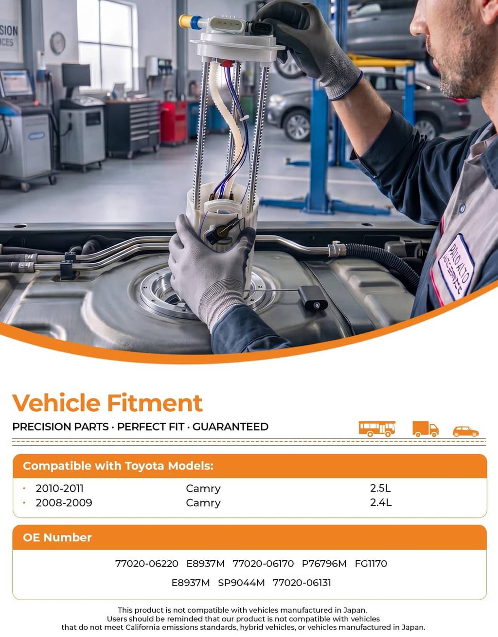 Fuel pump assembly being installed in a vehicle by a technician in a workshop