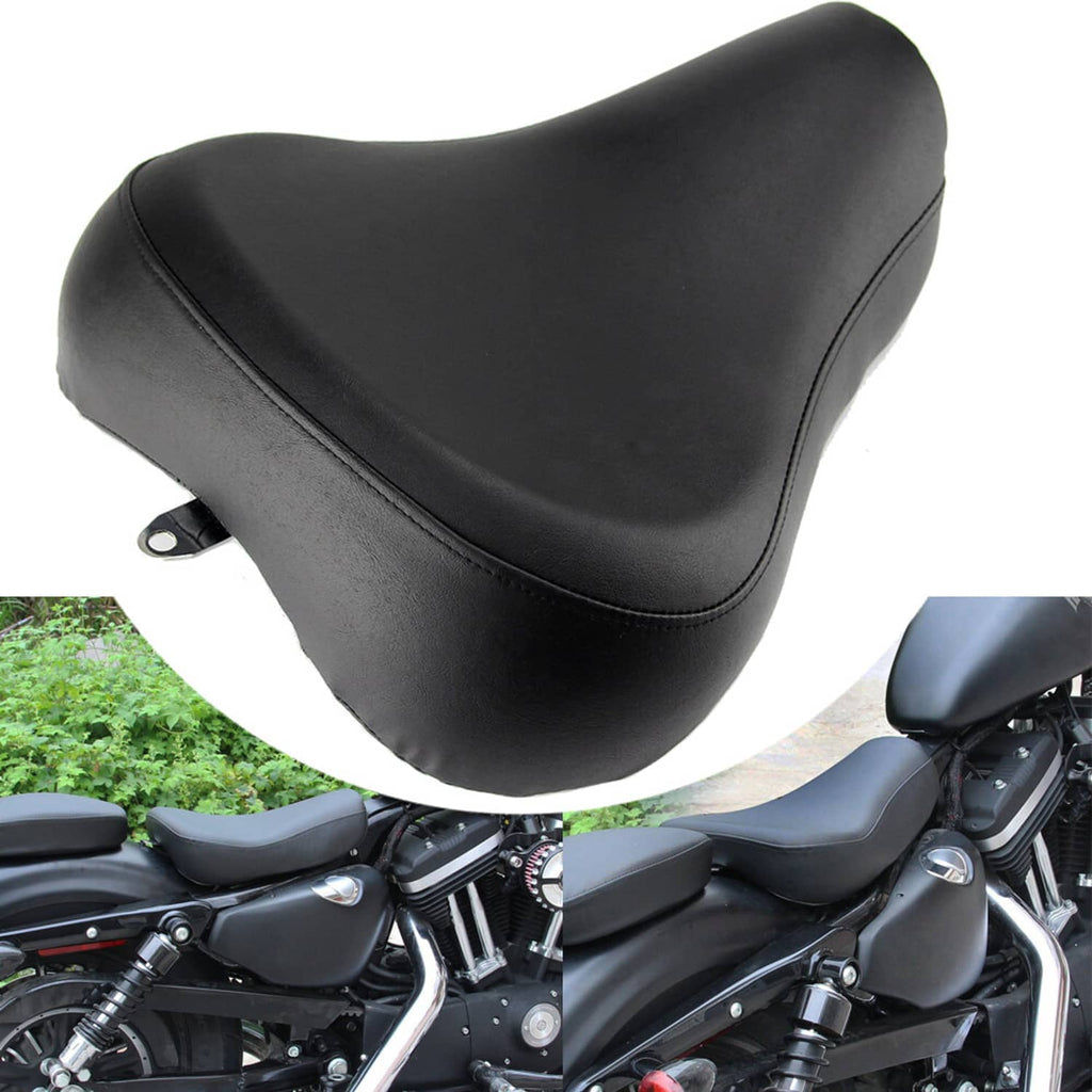 Black motorcycle rider solo seat, front and side view, with mounting hardware