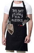 Black chef BBQ apron with funny front slogan and front pocket, worn over white shirt