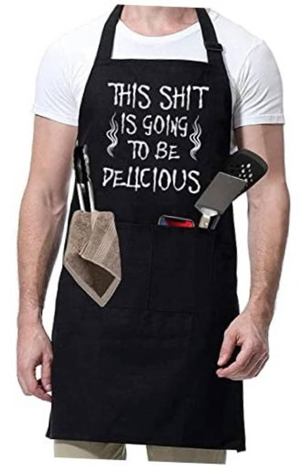 Black chef BBQ apron with funny front slogan and front pocket, worn over white shirt