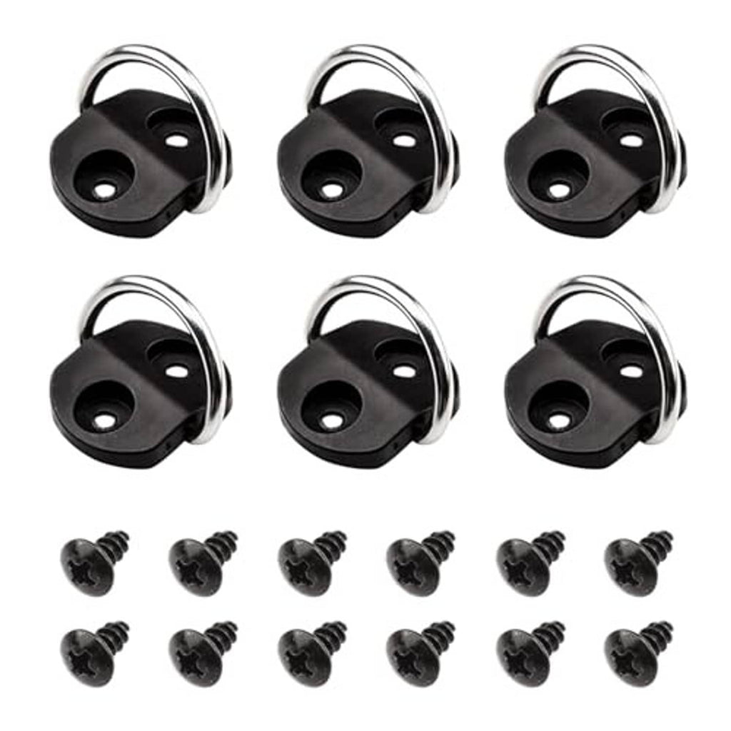 Six-pack of black D-ring anchor tie-downs with chrome steel loops and mounting screws