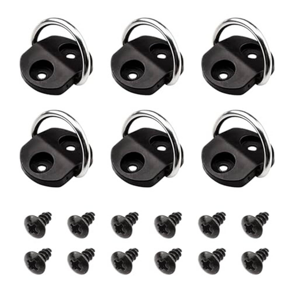 Six-pack of black D-ring anchor tie-downs with chrome steel loops and mounting screws