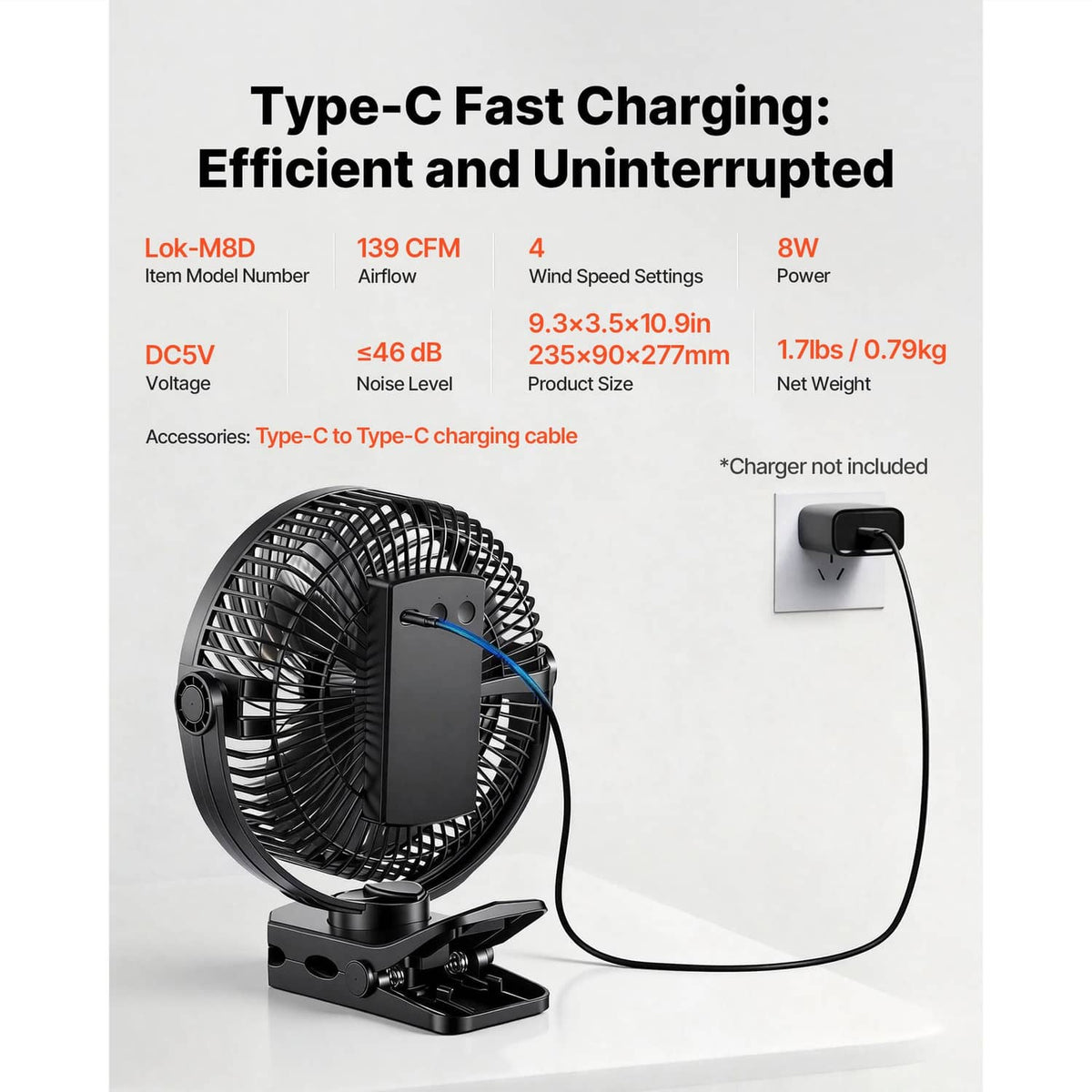 Clip fan with Type-C charging cable connected to the base