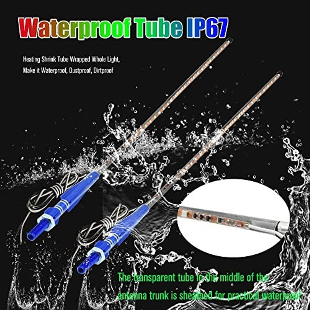 Waterproof RGB LED whip antenna lights with clear tube, blue base, and water splash