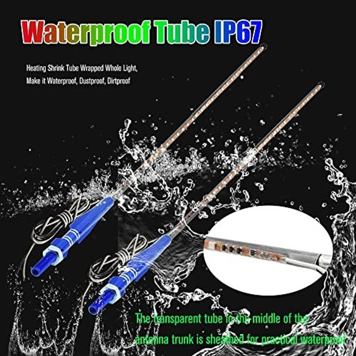 Waterproof RGB LED whip antenna lights with clear tube, blue base, and water splash