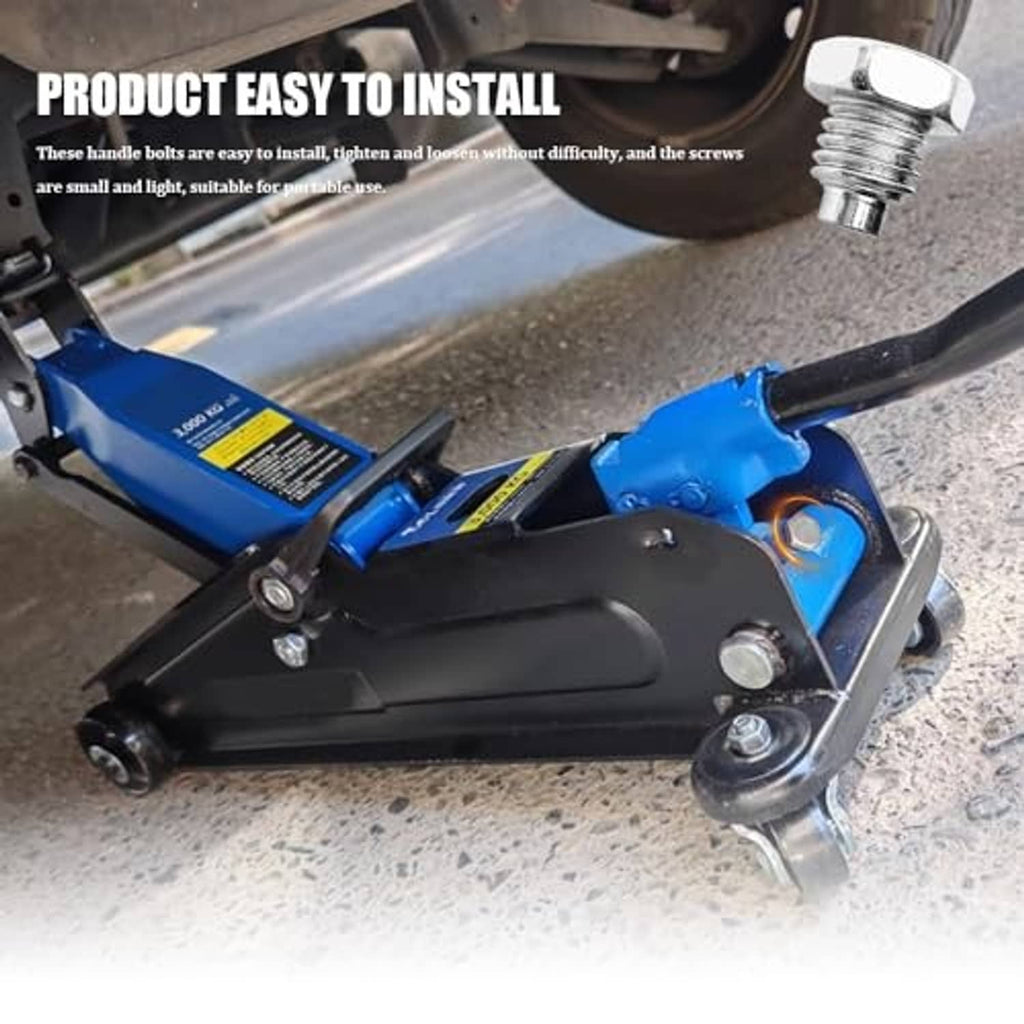Car floor jack with two visible silver hex-head threaded bolts on the handle assembly
