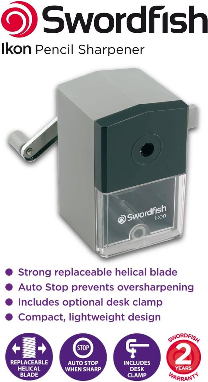 Gray and dark manual Ikon pencil sharpener with clear shavings container and side handle