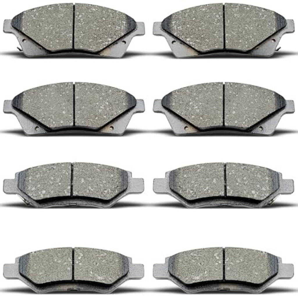 Ceramic brake pads set of 8, gray friction faces and metal backing shown in pairs