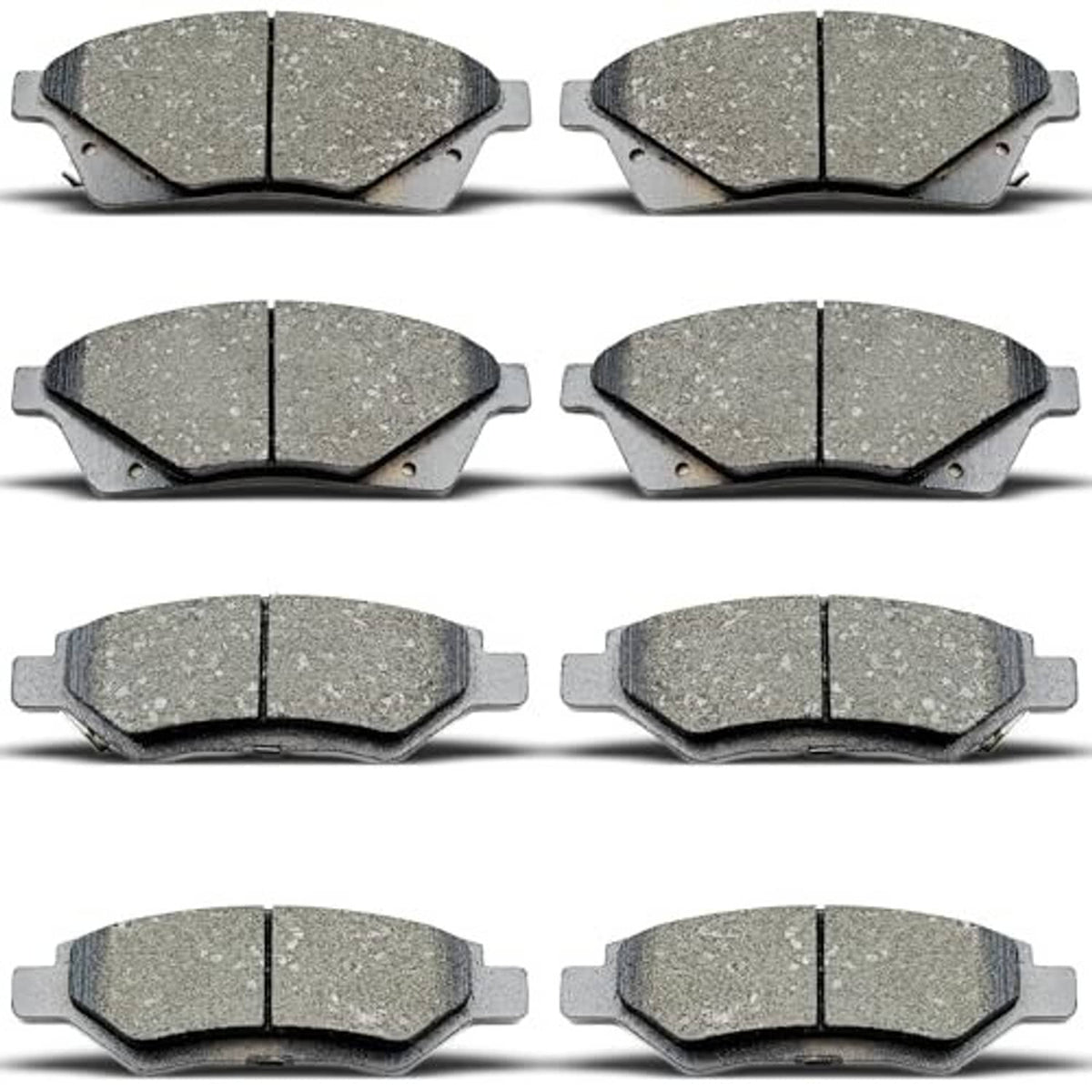 Ceramic brake pads set of 8, gray friction faces and metal backing shown in pairs