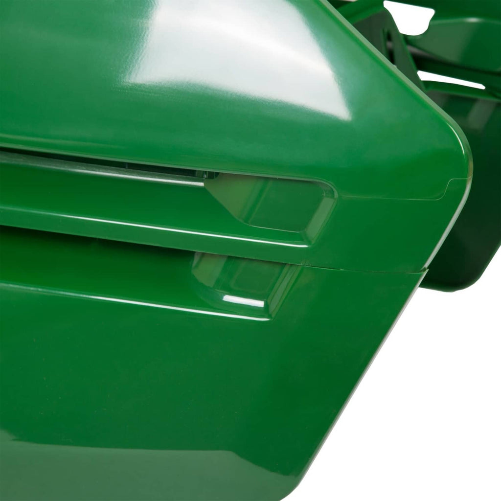 Green plastic mower hood side panel with vent slots and rectangular opening