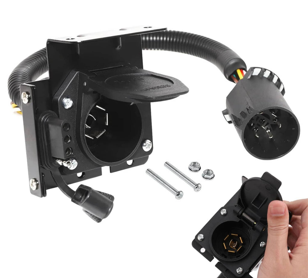 Black 7-way trailer wiring harness connector with 4-pin flat plug and mounting bracket