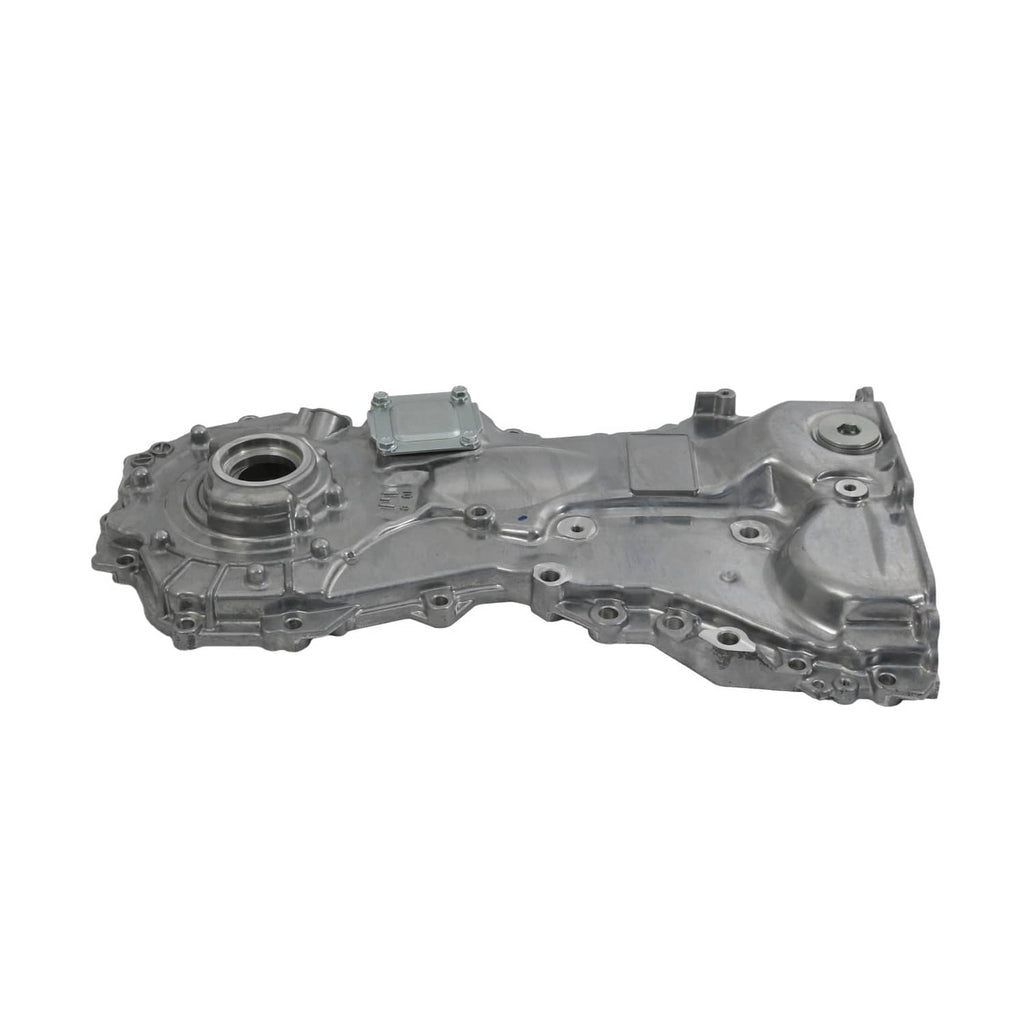 Oil pump housing assembly shown in side view with round inlet port, cast metal body