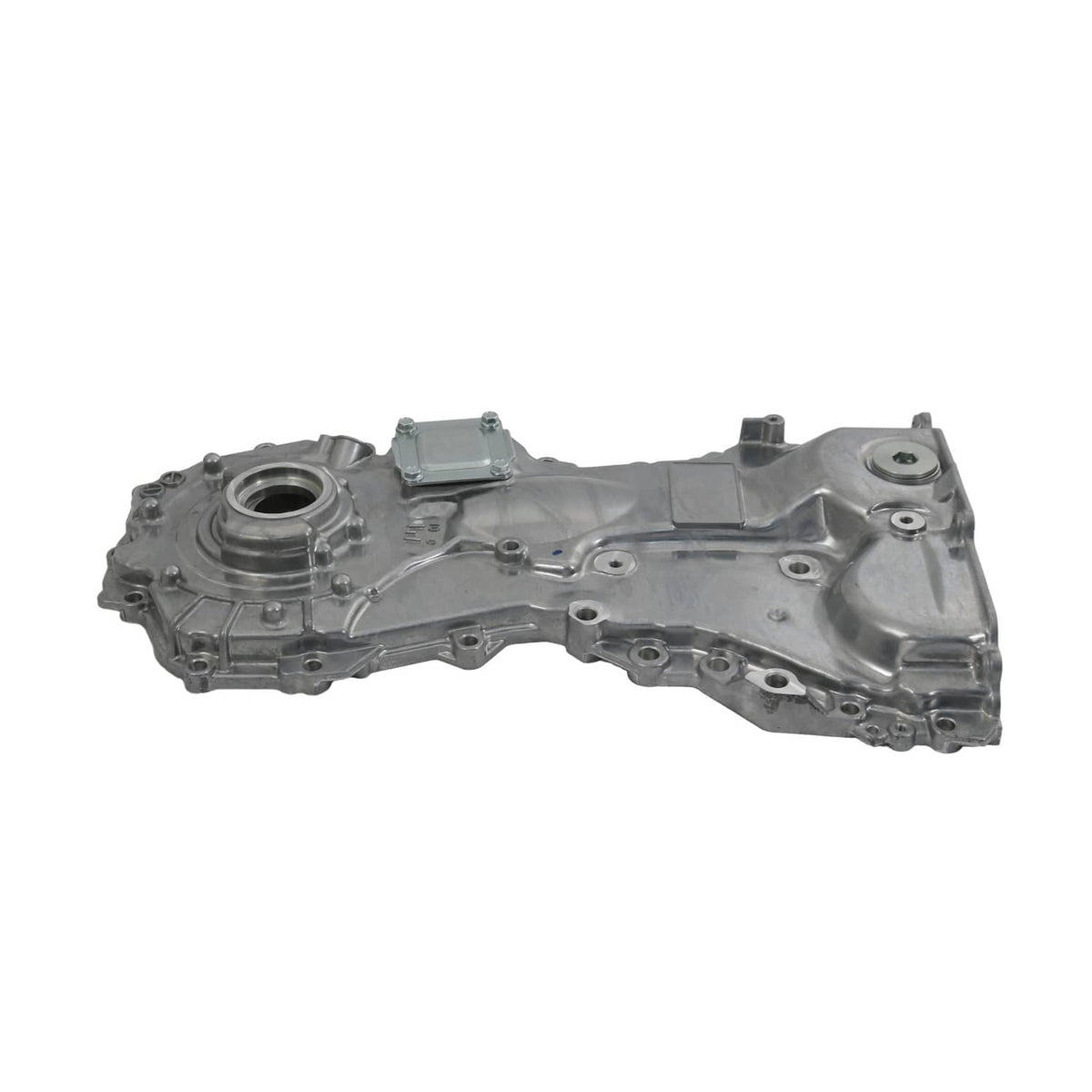 Oil pump housing assembly shown in side view with round inlet port, cast metal body