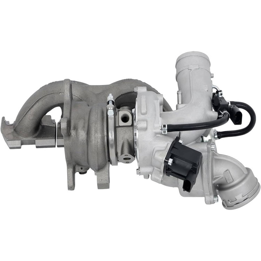 Turbocharger with silver compressor outlet and black wiring harness