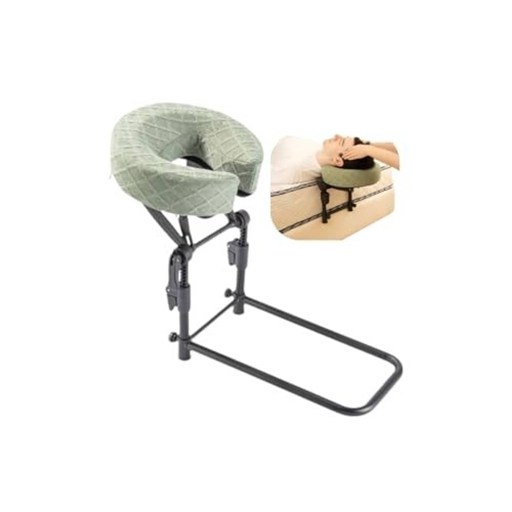 Adjustable massage headrest set with green face pillow and black metal frame