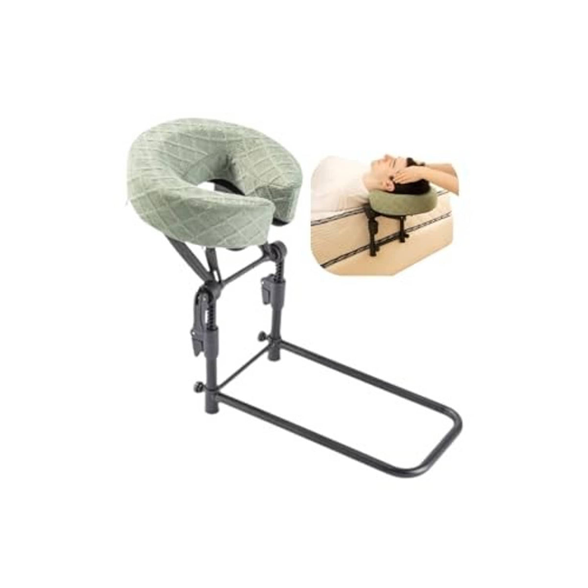 Adjustable massage headrest set with green face pillow and black metal frame