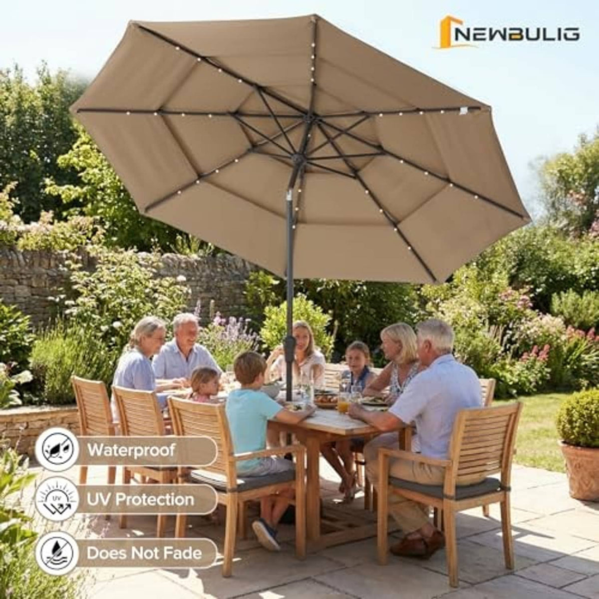Beige outdoor patio umbrella with three-tier canopy