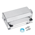 Silver aluminum coolant overflow recovery tank with mounting holes and outlet fittings
